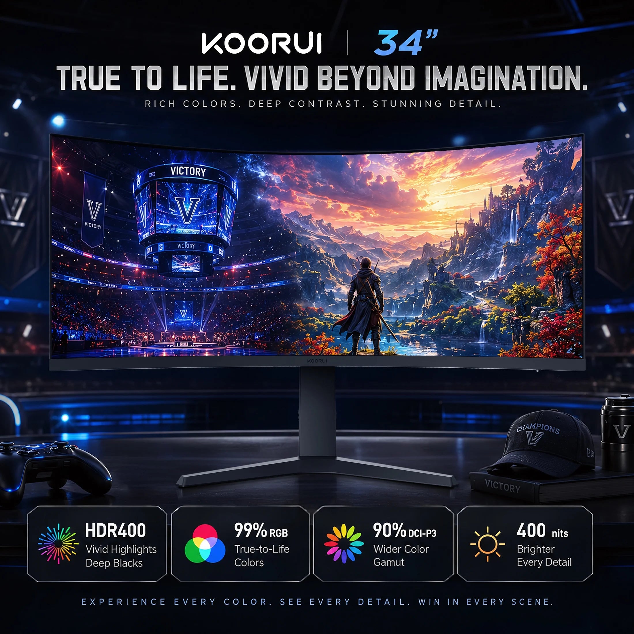 KOORUI 34'' UWQHD Curved Gaming Monitor, 180Hz Ultrawide Monitor, 3440×1440P 1Ms(Mprt) HDR400