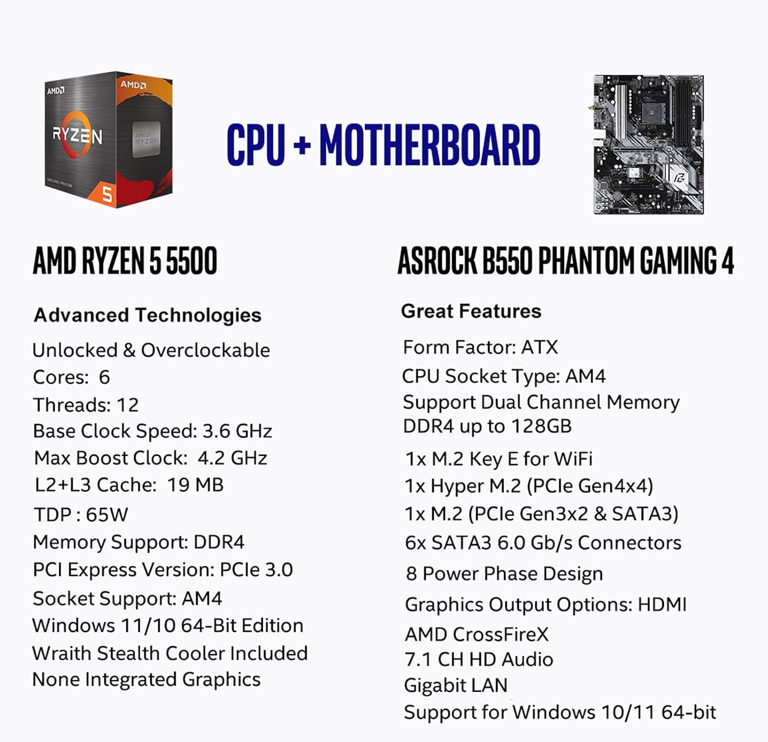 Micro Center AMD 5500 Processor with GIGABYTE B550M DS3H AC R2 Motherboard | CPU Motherboard Combo, AM4, DDR4, 2X M.2, WIFI5, Micro ATX, Windows 10/ 11 64-Bit Support