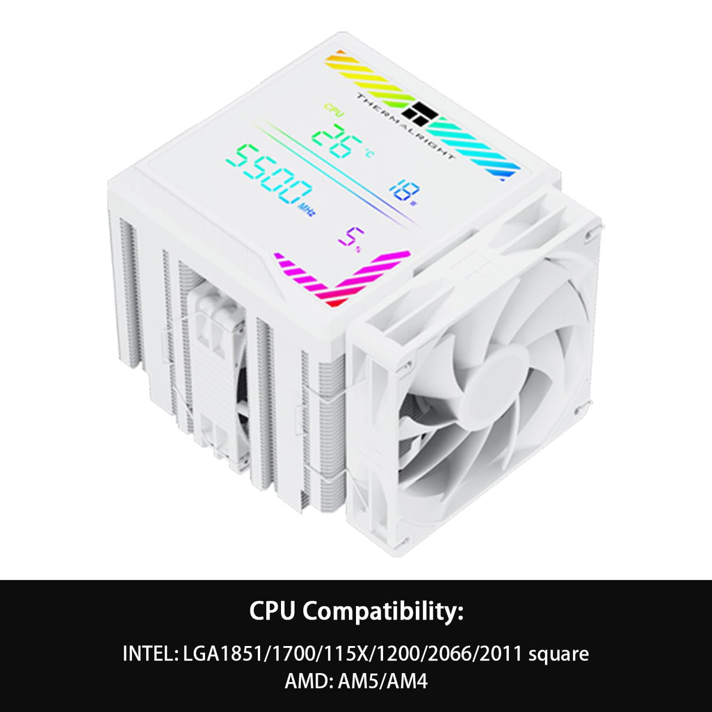 Thermalright Peerless Assassin 140 Digital White CPU Cooler, Double PWM Fans with 1850RPM Speed, Support Intel Lga1700/1851/115X/2011/1200,Amd:Am4/Am5, Computer CPU Cooling,Digital Screen Top Cover