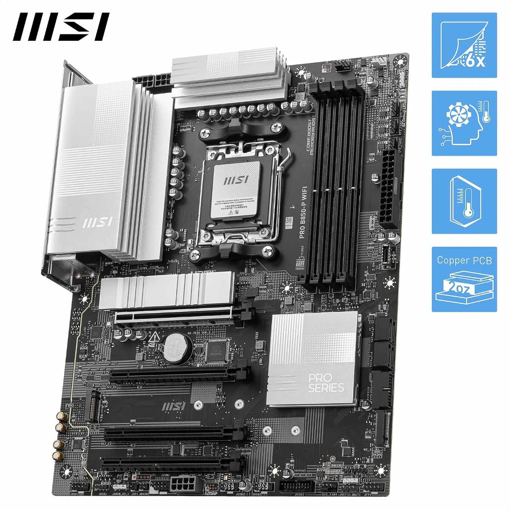 MSI PRO B850-P Wifi Motherboard, ATX - Supports AMD Ryzen 9000/8000 / 7000 Processors, AM5 - DDR5 Memory Boost (8200+ Mt/S OC), Pcie 5.0 X16 & 4.0 X16, M.2 Gen5, Wi-Fi 7, 5G LAN