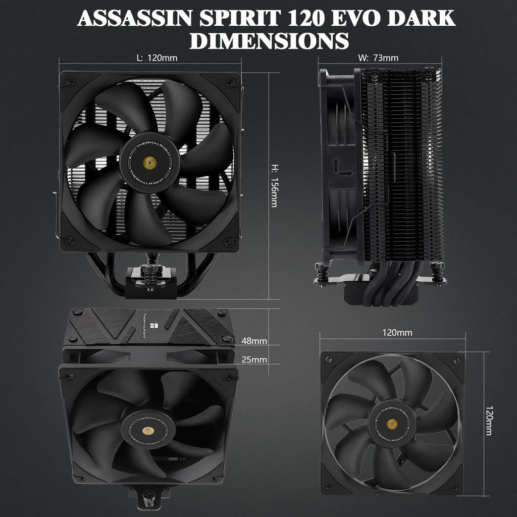 Assassin Spirit 120 EVO Dark CPU Cooler,Tl-E12B V2 PWM Quiet Fan with 1850RPM, Speed,Cpu Air Cooler, Computer Black Heatsink Cooling, Support Am4/Am5,Intel 1700/1851/1150/1151/1155/1200