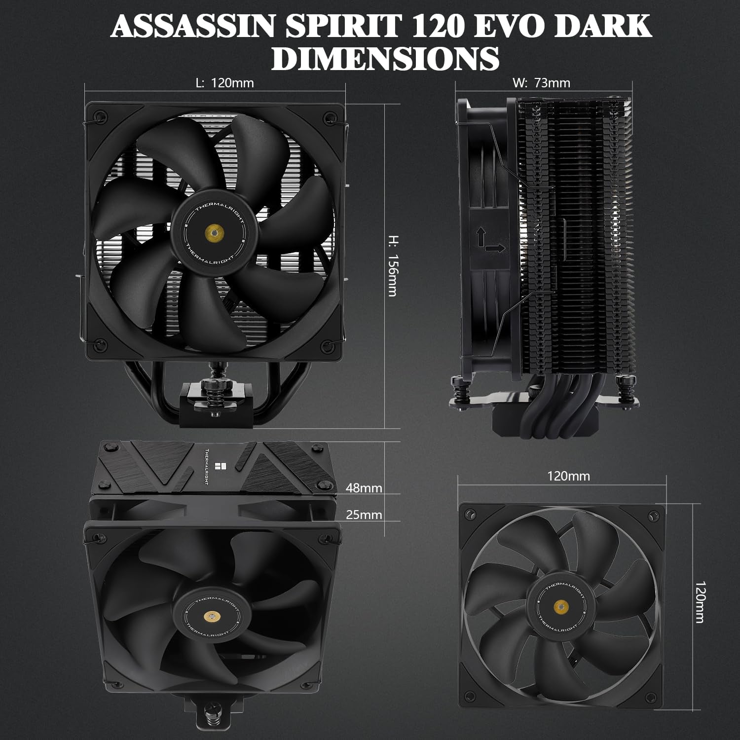 Assassin Spirit 120 EVO Dark CPU Cooler,Tl-E12B V2 PWM Quiet Fan with 1850RPM, Speed,Cpu Air Cooler, Computer Black Heatsink Cooling, Support Am4/Am5,Intel 1700/1851/1150/1151/1155/1200