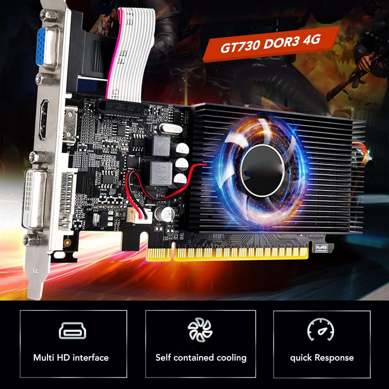 GT730 4GB Gaming Graphics Card, 4GB DDR3 128Bit Discrete Graphics Card, 700Mhz 500Mhz, PCI Express 2.0 X 16, VGA DVI, with Quiet Cooling Fan, for ATX ITX Chassis