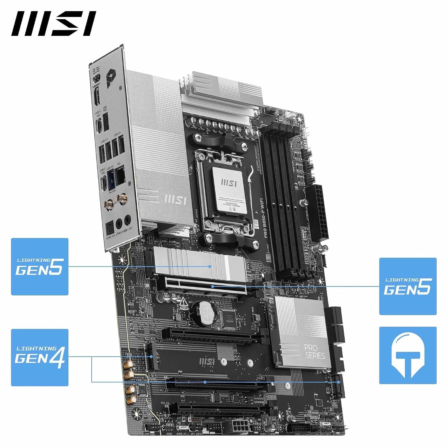 MSI PRO B850-P Wifi Motherboard, ATX - Supports AMD Ryzen 9000/8000 / 7000 Processors, AM5 - DDR5 Memory Boost (8200+ Mt/S OC), Pcie 5.0 X16 & 4.0 X16, M.2 Gen5, Wi-Fi 7, 5G LAN