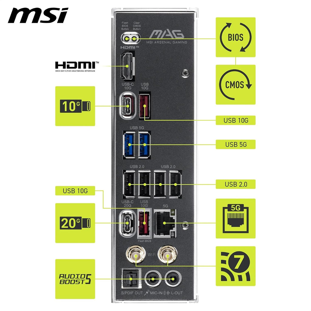 MSI MAG B850 Tomahawk Wifi Motherboard, ATX - Supports AMD Ryzen 9000/8000 / 7000 Processors, AM5-80A SPS VRM, DDR5 Memory Boost 8200+ Mt/S (OC), Pcie 5.0 X16, M.2 Gen5, Wi-Fi 7, 5G LAN