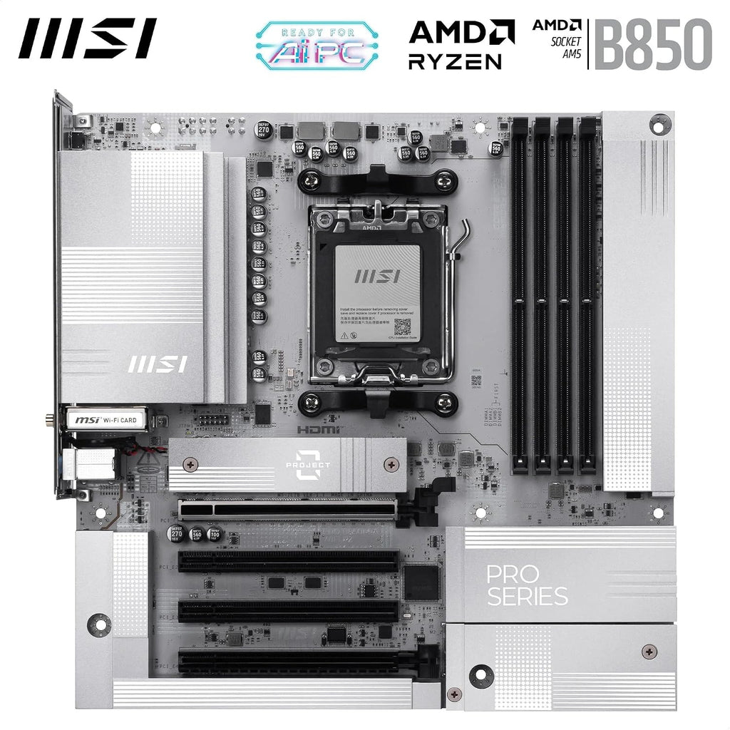 MSI PRO B850M-A Wifi PZ Motherboard, Back-Connect Matx - Supports AMD Ryzen 9000/8000 / 7000 Processors, AM5 - DDR5 Memory Boost (8200+ Mt/S OC), Pcie 5.0 X16 & 4.0 X4, M.2 Gen5, Wi-Fi 7, 5G LAN