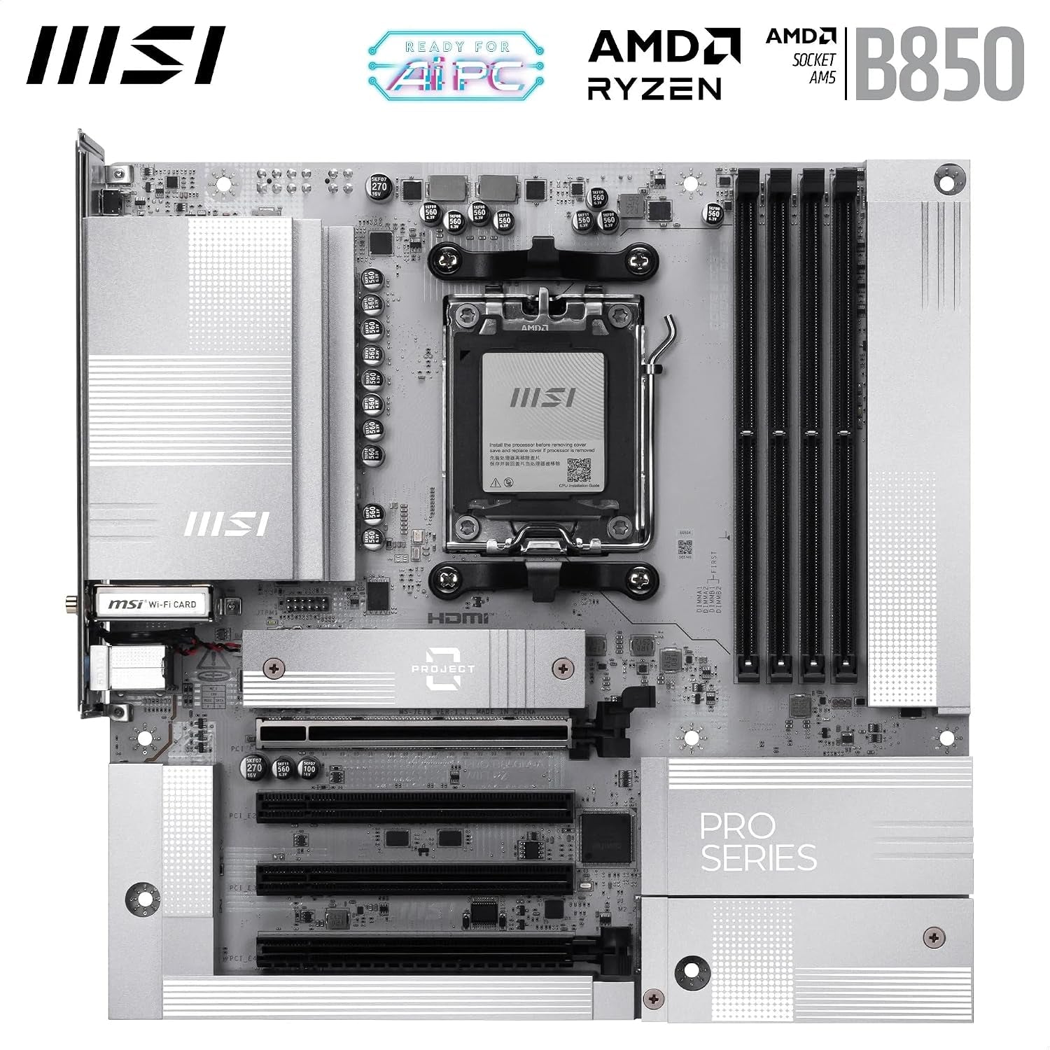MSI PRO B850M-A Wifi PZ Motherboard, Back-Connect Matx - Supports AMD Ryzen 9000/8000 / 7000 Processors, AM5 - DDR5 Memory Boost (8200+ Mt/S OC), Pcie 5.0 X16 & 4.0 X4, M.2 Gen5, Wi-Fi 7, 5G LAN