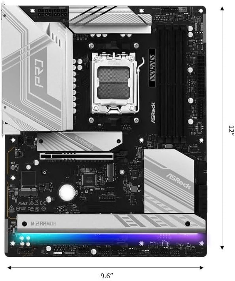 AMD AM5 B850 Pro RS Motherboard, AMD Ryzen 9000/8000/7000 Series, 4X DDR5 Slots up to 8000Mhz, 24-Pin Power Connection, ATX, 21X USB Ports, Pcie 5.0