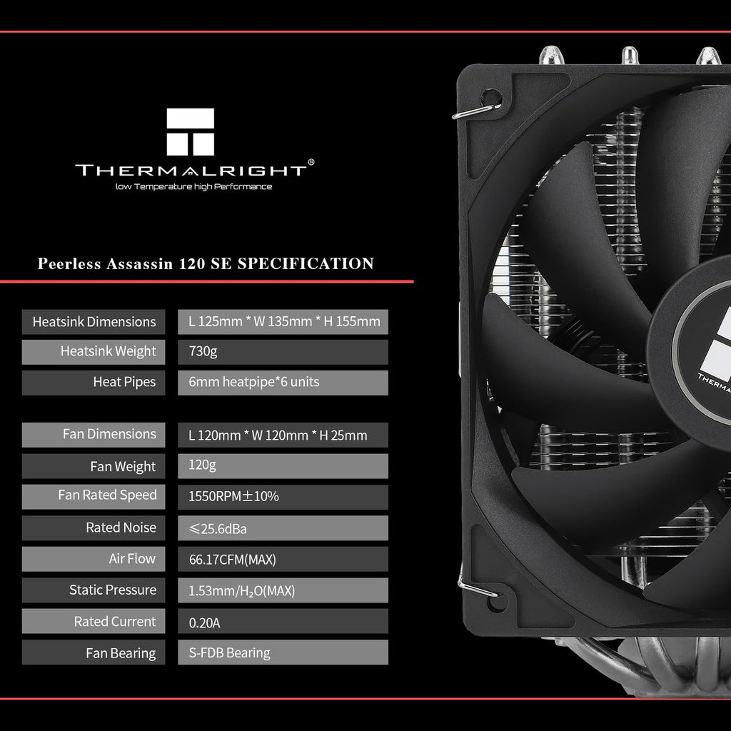 Peerless Assassin 120 SE CPU Air Cooler, 6 Heat Pipes, Dual 120Mm TL-C12C PWM Fans, Aluminum Heatsink Cover, AGHP Technology, for AMD AM4 Am5/Intel LGA 1700/1150/1151/1200/1851（PA120SE）
