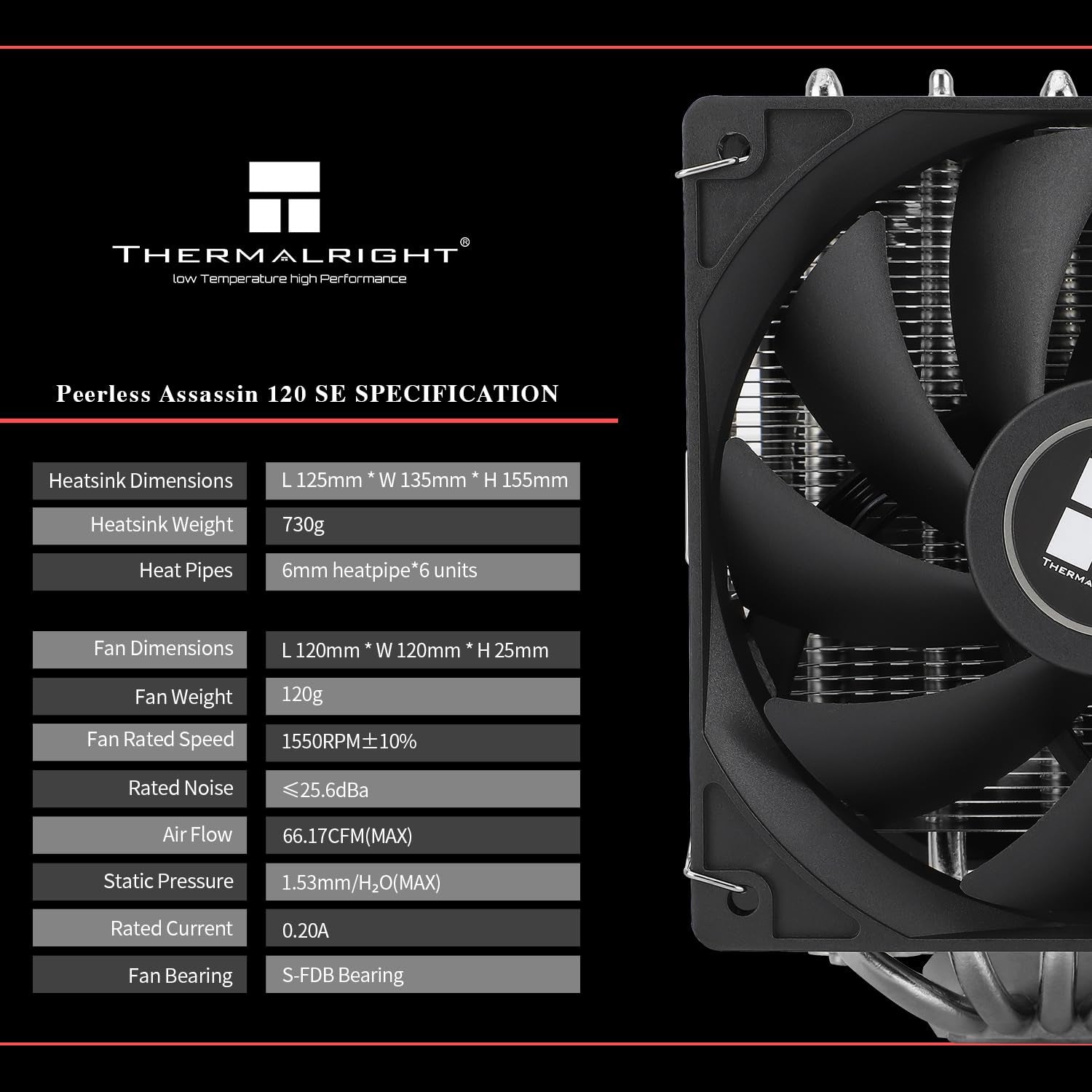 Peerless Assassin 120 SE CPU Air Cooler, 6 Heat Pipes, Dual 120Mm TL-C12C PWM Fans, Aluminum Heatsink Cover, AGHP Technology, for AMD AM4 Am5/Intel LGA 1700/1150/1151/1200/1851（PA120SE）