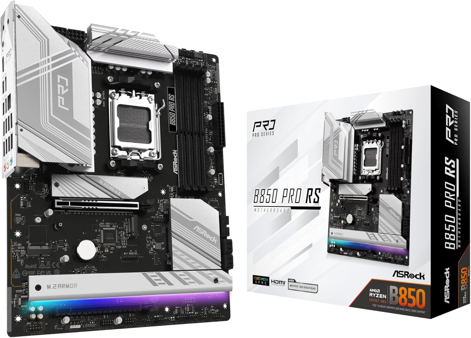 AMD AM5 B850 Pro RS Motherboard, AMD Ryzen 9000/8000/7000 Series, 4X DDR5 Slots up to 8000Mhz, 24-Pin Power Connection, ATX, 21X USB Ports, Pcie 5.0