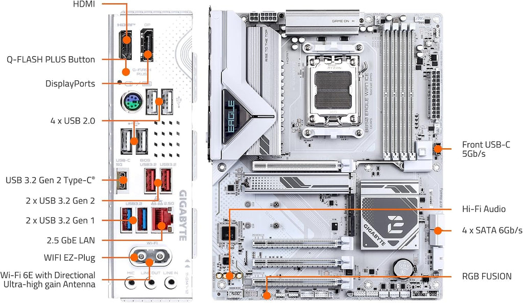 GIGABYTE B850 Eagle WIFI7 ICE AMD AM5 ATX Motherboard, Support AMD Ryzen 9000/8000/7000 Series, DDR5, 8+2+2 Power Phase, 3X M.2, Pcie 5.0, USB-C, WIFI7, 2.5Gbe LAN, Ez-Latch, 3-Year Warranty