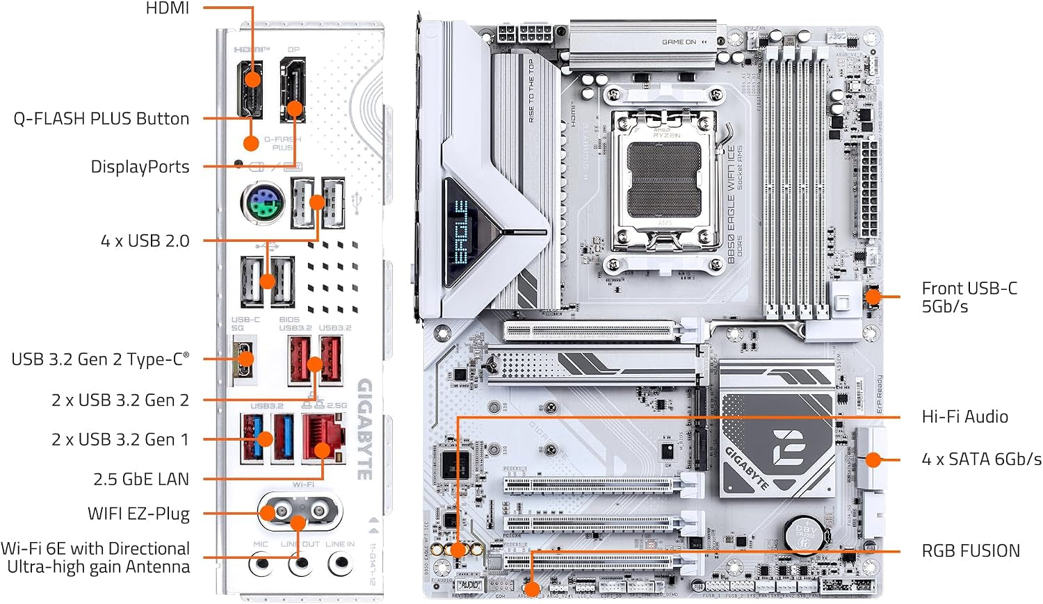 GIGABYTE B850 Eagle WIFI7 ICE AMD AM5 ATX Motherboard, Support AMD Ryzen 9000/8000/7000 Series, DDR5, 8+2+2 Power Phase, 3X M.2, Pcie 5.0, USB-C, WIFI7, 2.5Gbe LAN, Ez-Latch, 3-Year Warranty