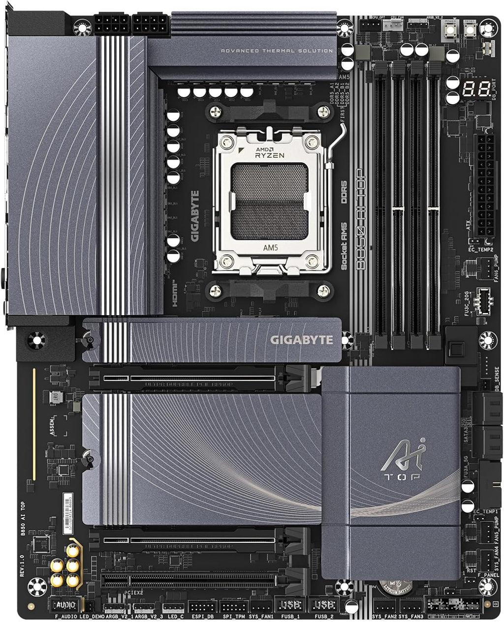 GIGABYTE B850 AI TOP AMD AM5 ATX Motherboard, Support AMD Ryzen 9000/8000/7000 Series, DDR5, 16+2+2 Power Phase, 3X M.2, Pcie 5.0, USB-C, WIFI7, 10Gbe, Ez-Latch, 5-Year Warranty