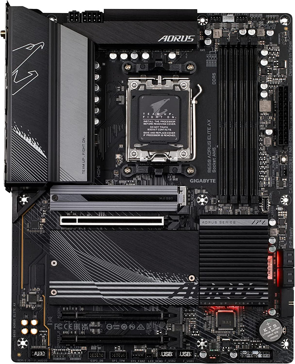 GIGABYTE B650 AORUS Elite AX AMD AM5 ATX Motherboard, Support Ryzen 9000/8000/7000 Series, DDR5, 14+2+1 Power Phase, Pcie 5.0 M.2, USB-C 3.2 Gen 2, WIFI6E, 2.5Gbe, Ez-Latch, Q-Flash, RGB Fusion