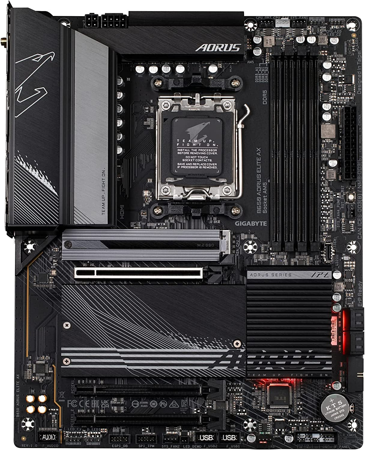 GIGABYTE B650 AORUS Elite AX AMD AM5 ATX Motherboard, Support Ryzen 9000/8000/7000 Series, DDR5, 14+2+1 Power Phase, Pcie 5.0 M.2, USB-C 3.2 Gen 2, WIFI6E, 2.5Gbe, Ez-Latch, Q-Flash, RGB Fusion