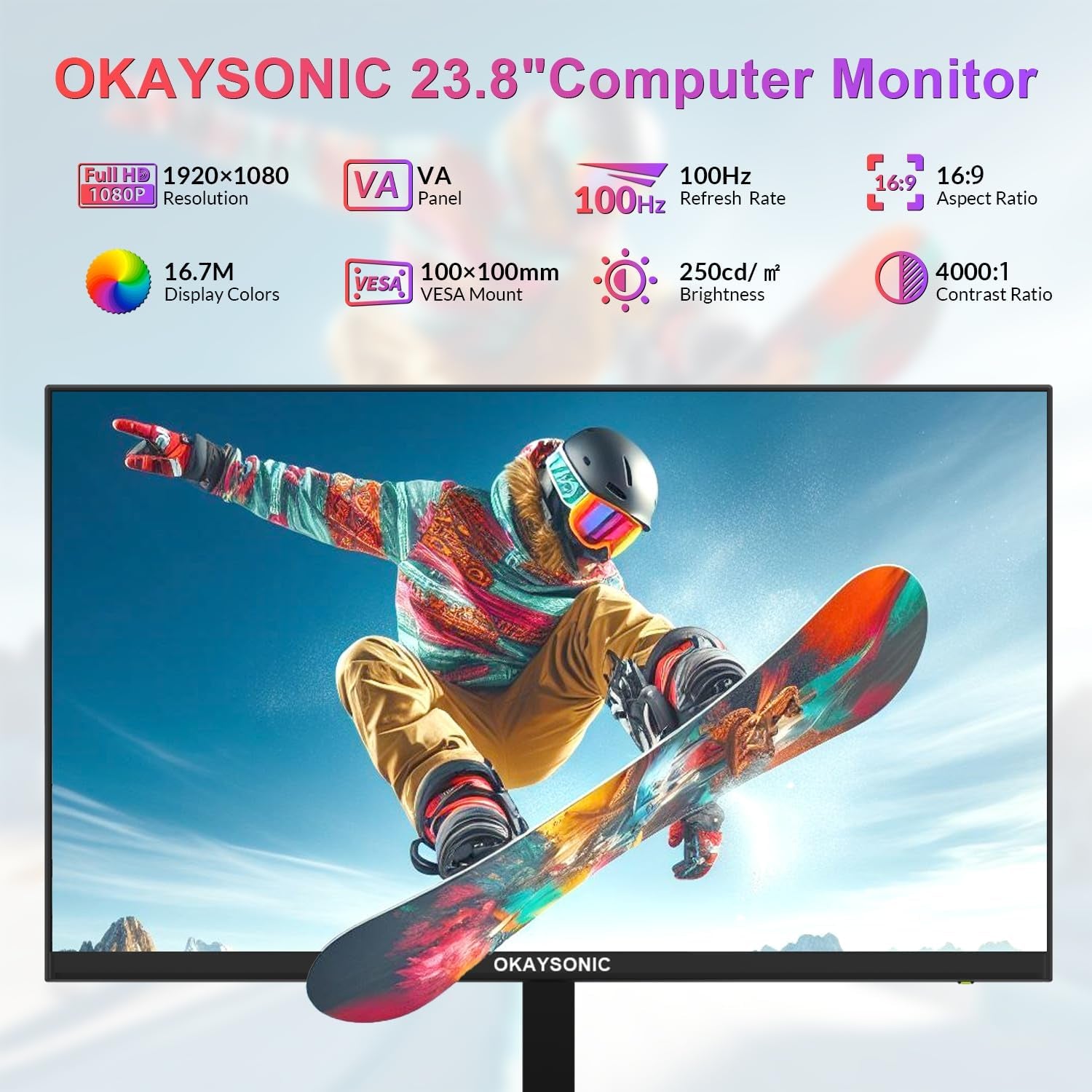 24Inch Office Monitor 100HZ 1Ms, AMD Freesync, 100% Srgb, Eyecare Monitor with Speakers, HDMI VGA & VESA Mount