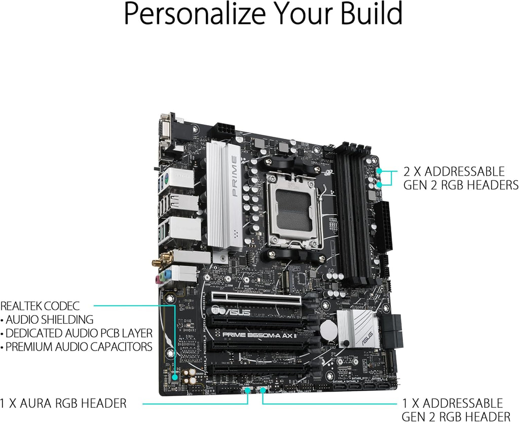 ASUS Prime B650M-A AX II AMD B650 AM5 Ryzen™ Desktop 9000 8000 & 7000 Micro-Atx Matx Motherboard, DDR5, Pcie 5.0 M.2, 2.5Gb LAN, Wi-Fi 6, Displayport, HDMI®, USB 3.2, USB 3.2 Type-C®, BIOS Flashback™