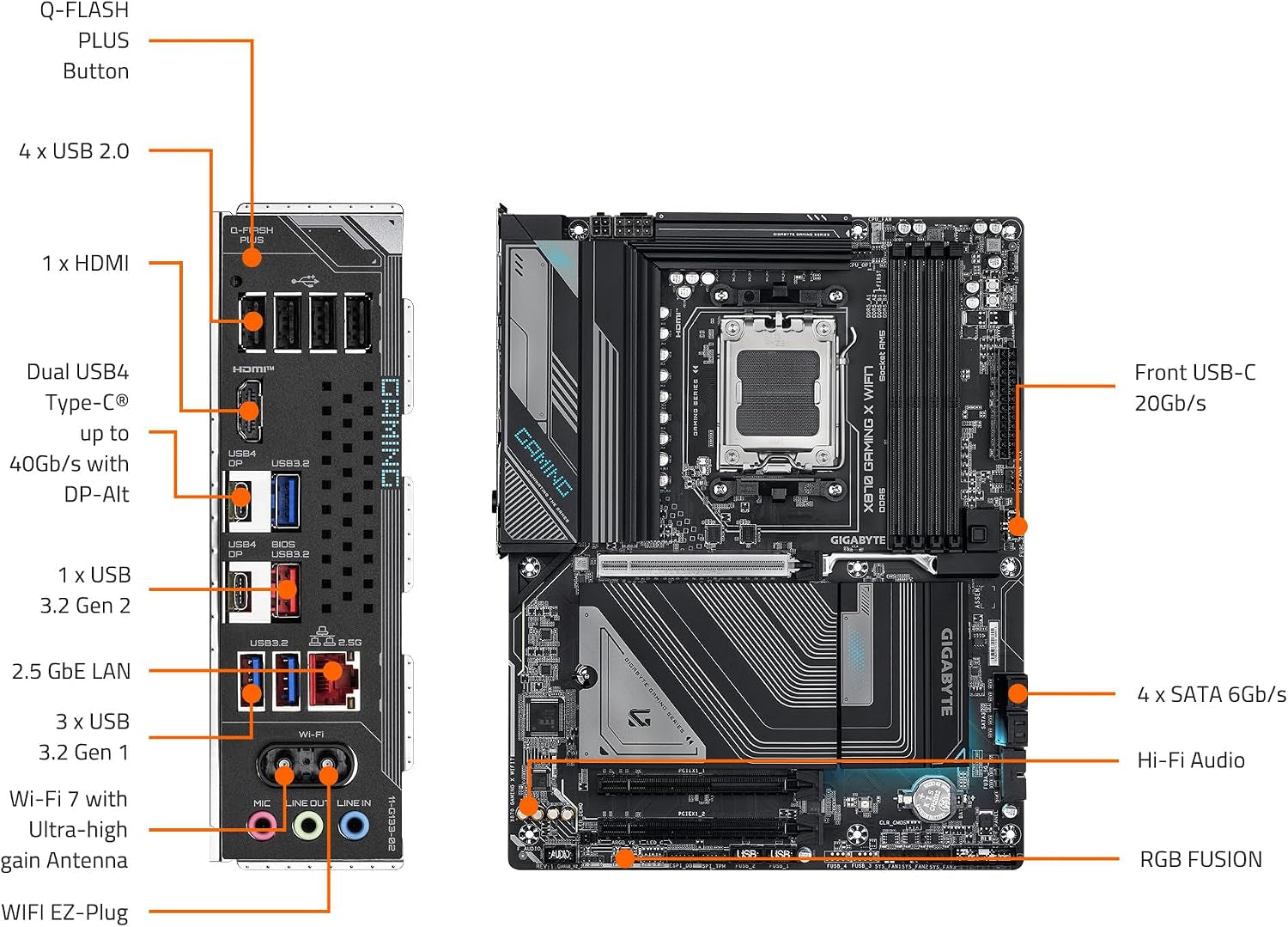 GIGABYTE X870 Gaming X WIFI7 AMD AM5 LGA 1718 Motherboard, ATX, DDR5, 3X M.2, Pcie 5.0, USB4, WIFI7, 2.5Gbe LAN, Ez-Latch, 5-Year Warranty