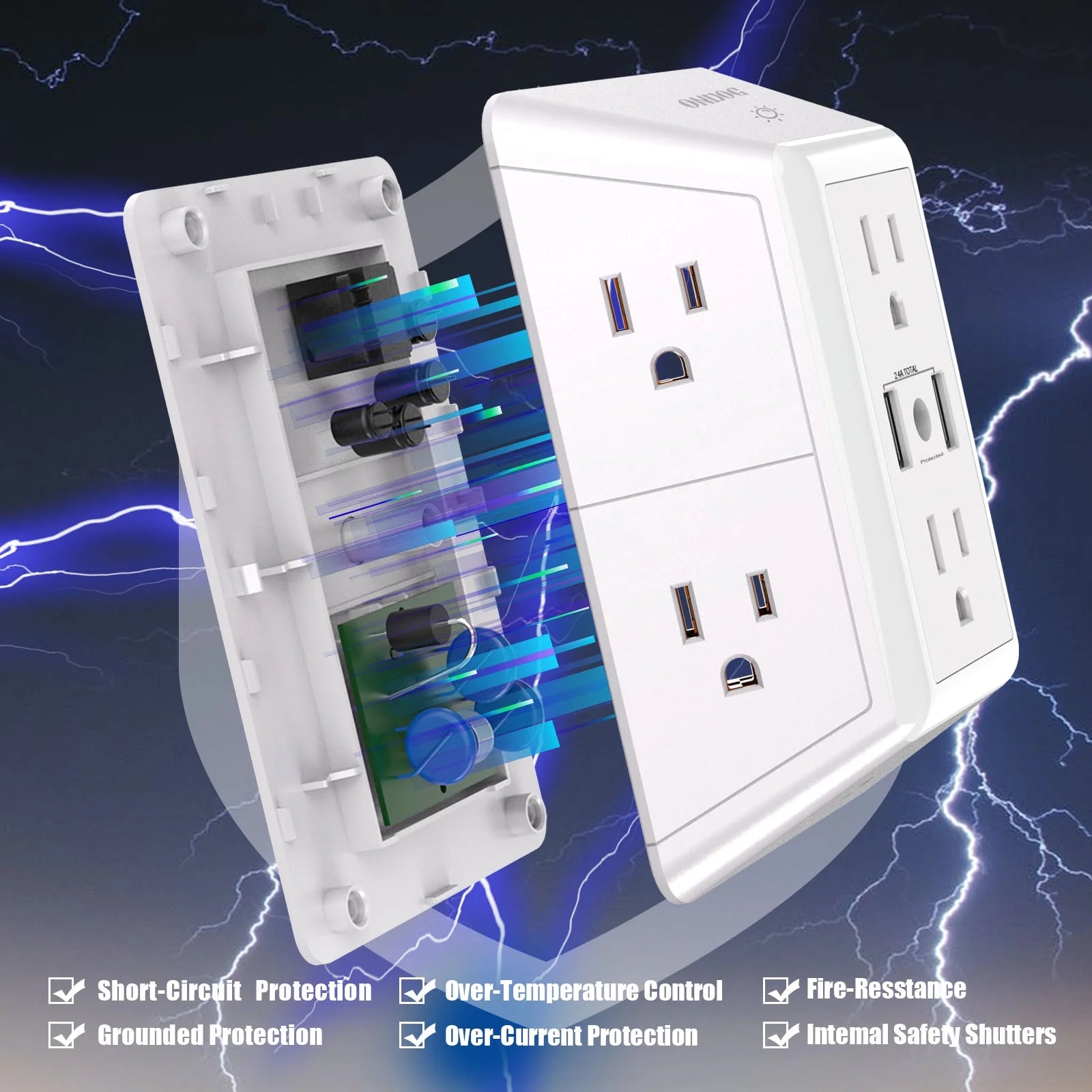 ONDOG 3 Sided Outlet Extender 6 Outlets with 2 USB Ports, Multi Plug Outlet Splitter for Home, Office
