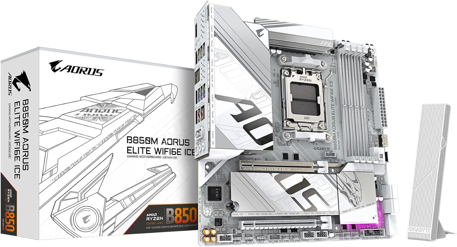 GIGABYTE B850M AORUS Elite WIFI6E ICE AMD AM5 Matx Motherboard, Support AMD Ryzen 9000/8000/7000 Series, DDR5, 12+2+2 Power Phase, 2X M.2, Pcie 5.0, USB-C, WIFI6E, 2.5Gbe, Ez-Latch, 5-Year Warranty