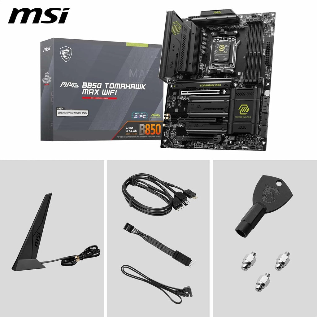 MSI MAG B850 Tomahawk MAX Wifi V1 Motherboard, ATX - Supports AMD Ryzen 9000/8000 / 7000 Processors, AM5-80A SPS VRM, DDR5 Memory Boost 8400+ Mt/S (OC), Pcie 5.0 X16, M.2 Gen5, Wi-Fi 7, 5G LAN
