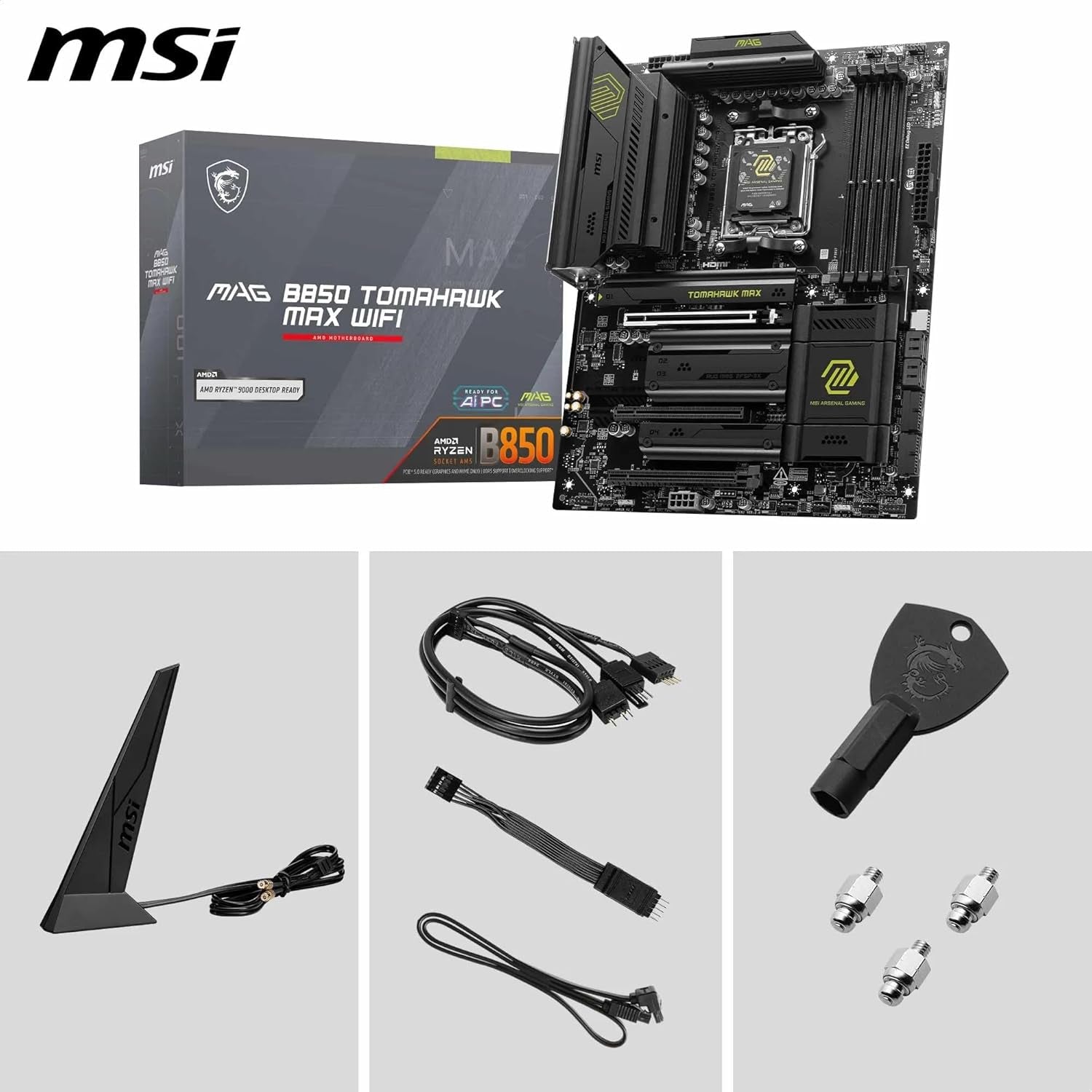 MSI MAG B850 Tomahawk MAX Wifi V1 Motherboard, ATX - Supports AMD Ryzen 9000/8000 / 7000 Processors, AM5-80A SPS VRM, DDR5 Memory Boost 8400+ Mt/S (OC), Pcie 5.0 X16, M.2 Gen5, Wi-Fi 7, 5G LAN