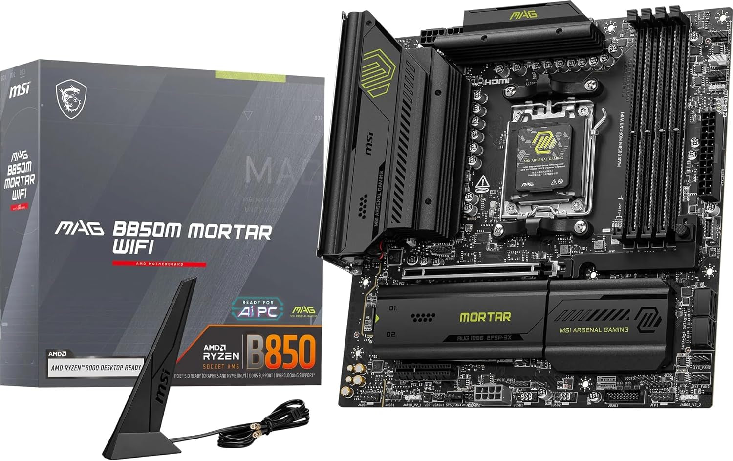 MSI MAG B850M Mortar Wifi Motherboard, Matx - Supports AMD Ryzen 9000/8000 / 7000 Processors, AM5-60A SPS VRM, DDR5 Memory Boost 8200+ Mt/S (OC), Pcie 5.0 X16, M.2 Gen5, Wi-Fi 7, 5G LAN