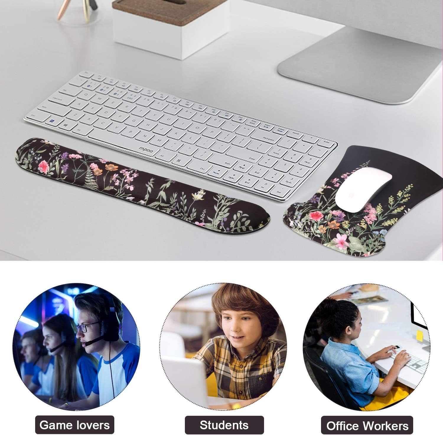 Mouse Pad and Keyboard Wrist Rest, Wrist Rest for Computer Keyboard, Made of Memory Foam with Wrist Support, Easy Typing and Relieve Wrist Pain Keyboard Pad for Computer, Office (B-Weeds)