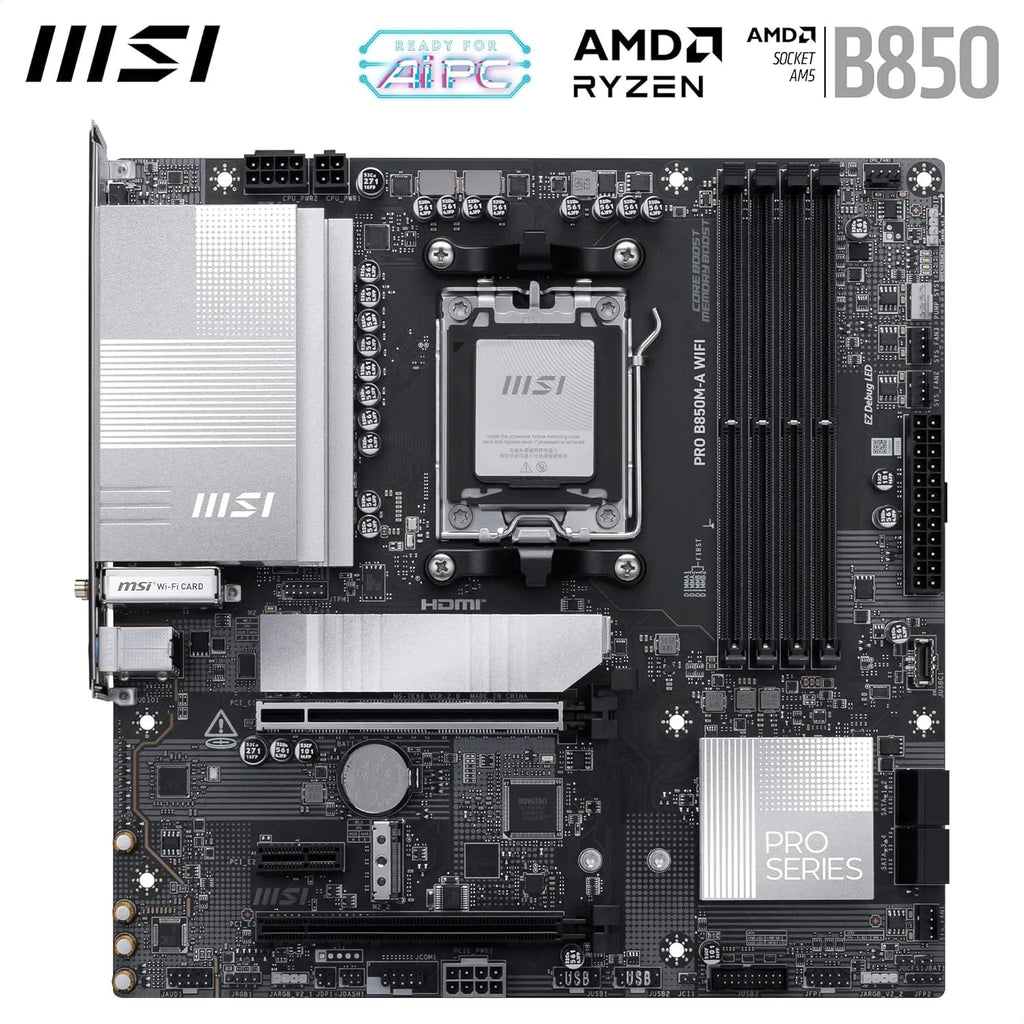 MSI PRO B850M-A Wifi Motherboard, Matx - Supports AMD Ryzen 9000/8000 / 7000 Processors, AM5 - DDR5 Memory Boost (8200+ Mt/S OC), Pcie 5.0 X16 & 4.0 X4, M.2 Gen5, Wi-Fi 7, 5G LAN