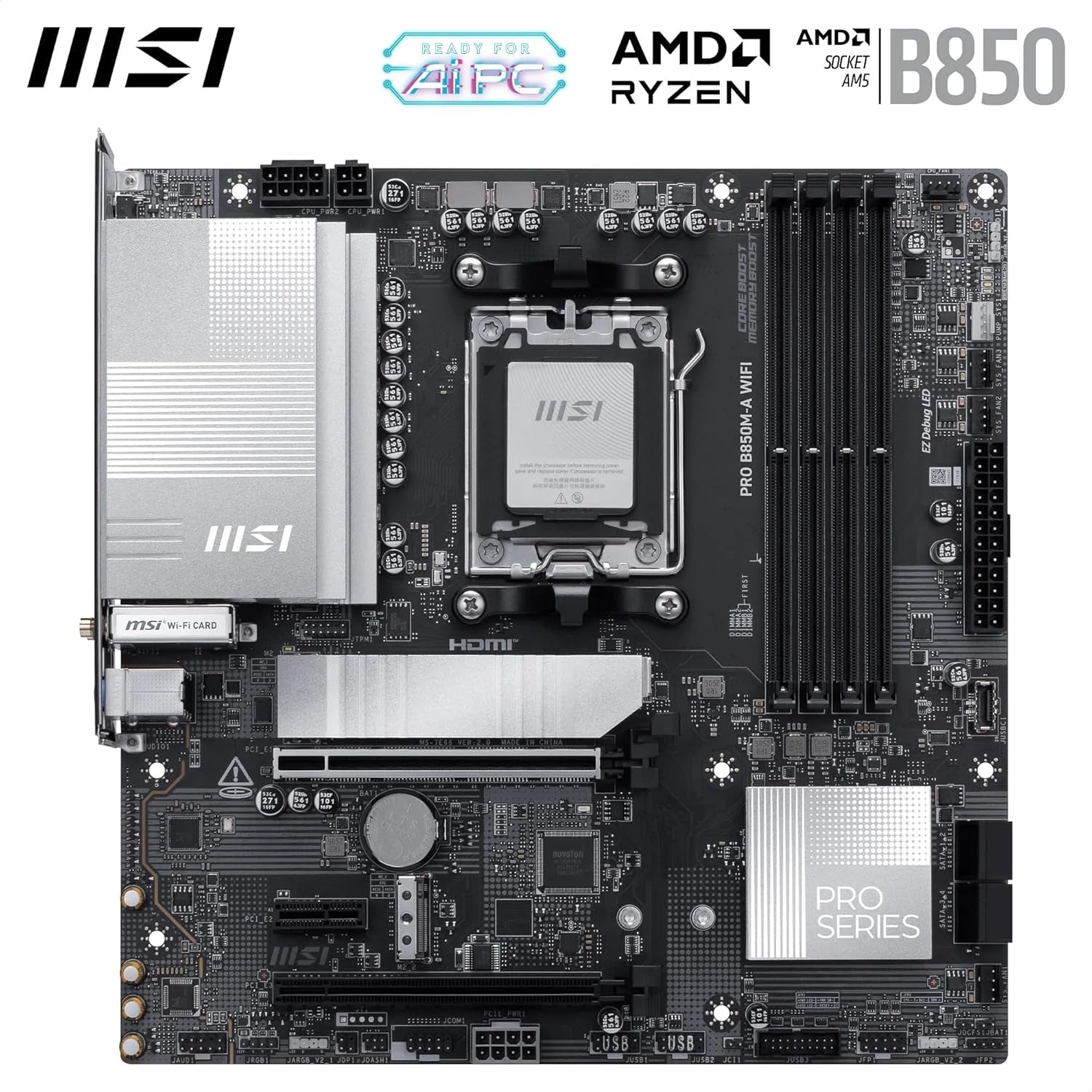 MSI PRO B850M-A Wifi Motherboard, Matx - Supports AMD Ryzen 9000/8000 / 7000 Processors, AM5 - DDR5 Memory Boost (8200+ Mt/S OC), Pcie 5.0 X16 & 4.0 X4, M.2 Gen5, Wi-Fi 7, 5G LAN