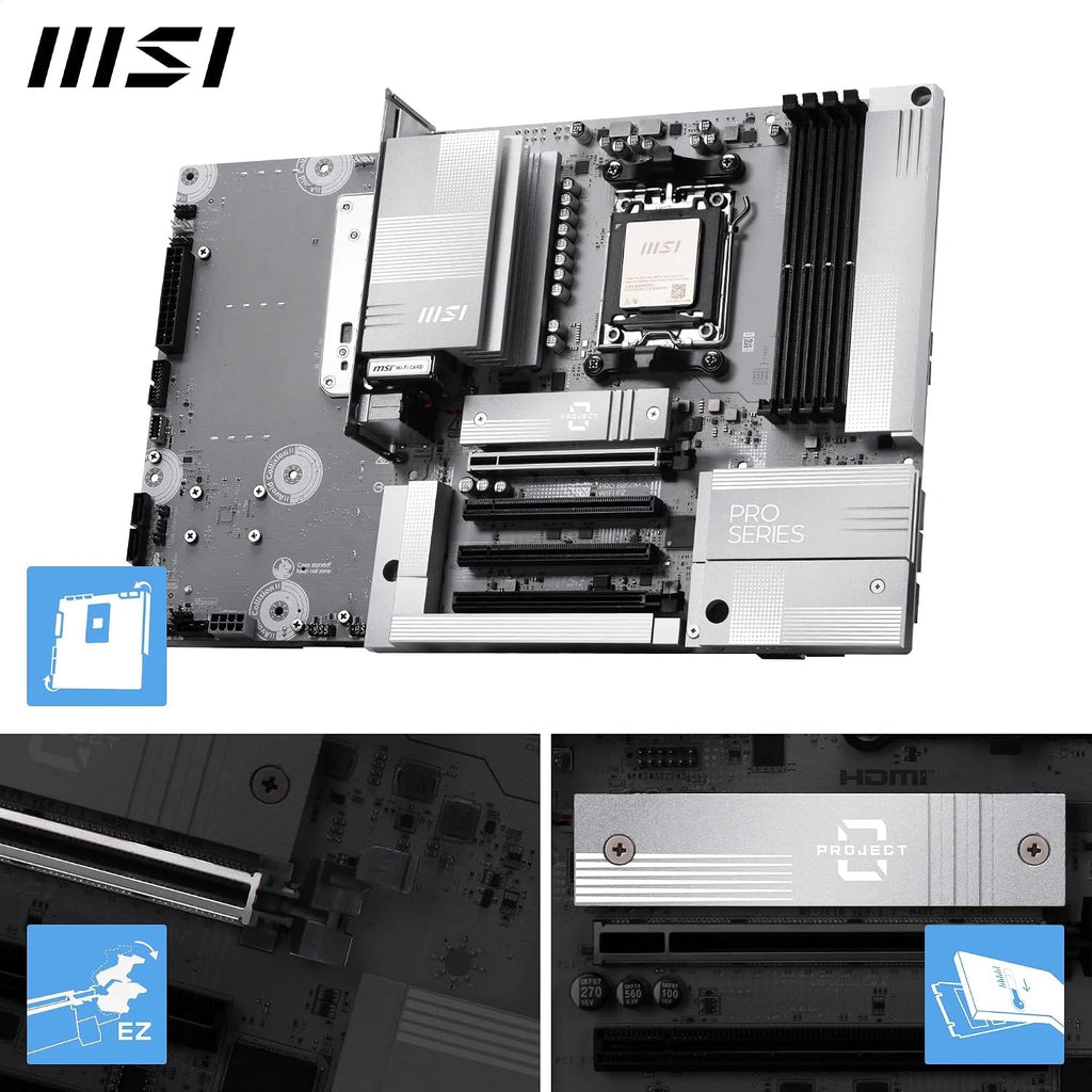 MSI PRO B850M-A Wifi PZ Motherboard, Back-Connect Matx - Supports AMD Ryzen 9000/8000 / 7000 Processors, AM5 - DDR5 Memory Boost (8200+ Mt/S OC), Pcie 5.0 X16 & 4.0 X4, M.2 Gen5, Wi-Fi 7, 5G LAN