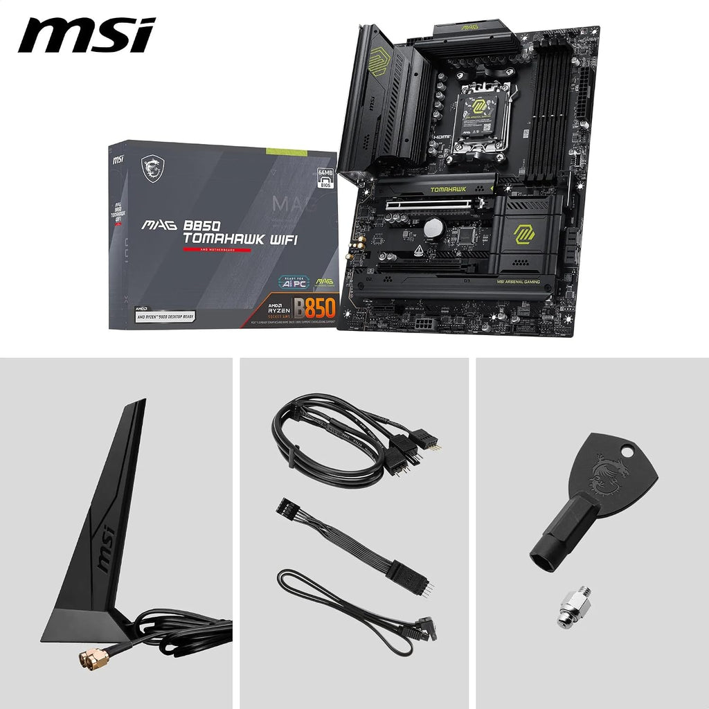 MSI MAG B850 Tomahawk Wifi Motherboard, ATX - Supports AMD Ryzen 9000/8000 / 7000 Processors, AM5-80A SPS VRM, DDR5 Memory Boost 8200+ Mt/S (OC), Pcie 5.0 X16, M.2 Gen5, Wi-Fi 7, 5G LAN