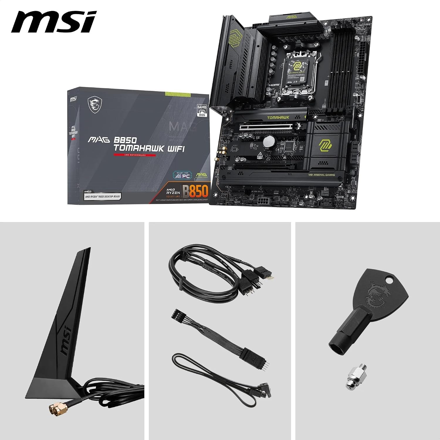 MSI MAG B850 Tomahawk Wifi Motherboard, ATX - Supports AMD Ryzen 9000/8000 / 7000 Processors, AM5-80A SPS VRM, DDR5 Memory Boost 8200+ Mt/S (OC), Pcie 5.0 X16, M.2 Gen5, Wi-Fi 7, 5G LAN