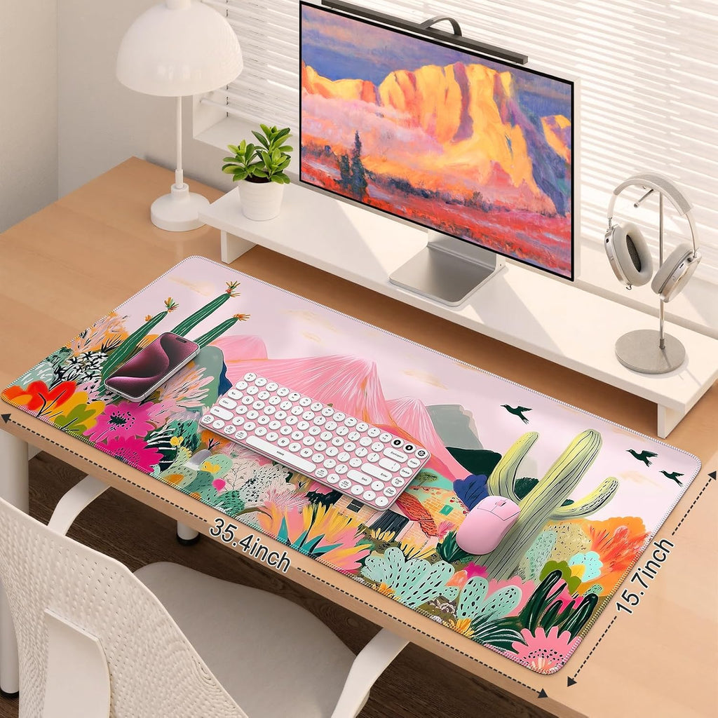 Desk Mat,Cute Mouse Pad for Desk,35"X16",Home Office, Cactus | Waterproof Desk Pad with Non-Slip Rubber Base and Stitched Edges, Extended Keyboard Mousepad for Computer, Home Workspace