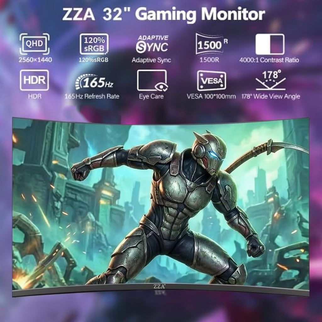 32 Inch Curved Monitor,1440P VA Screen 165Hz, 1500R Curved Gming Monitor,Computer Monitor 1Ms,Freesync & G-Sync, HDR10, 120% Srgb Coverage, DP/HDMI, PC Monitor VESA Mount Compatible