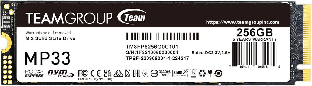 MP33 256GB SLC Cache 3D NAND TLC Nvme 1.3 Pcie Gen3X4 M.2 2280 Internal SSD R/W Speed up to 1600/1000 Mb/S Laptop&Pc Desktop TM8FP6256G0C101